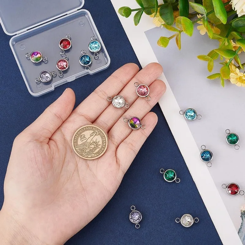 16pcs 8 Colors 2.5mm Hole 304 Stainless Steel Glass Charms Rhinestone Links Connectors Flat Round Birthstone Charm Crystal Glass