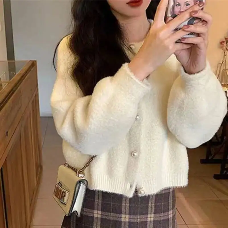 

Милый свитер с круглым вырезом, женское красивое пальто, однобортный свободный короткий розовый вязаный кардиган с длинными рукавами, зимний топ