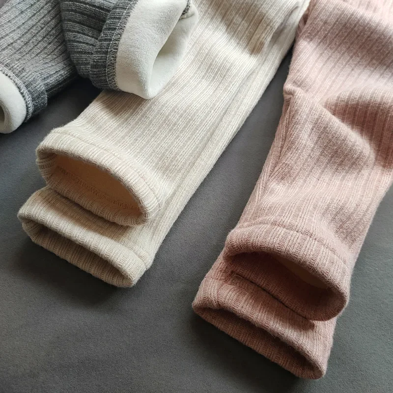 2023 Girls Pants Children's Winter Thickened Warm Trousers Warm Elastic Pink Beige Gray Leggings Boys' Feet Pants Winter Clothes