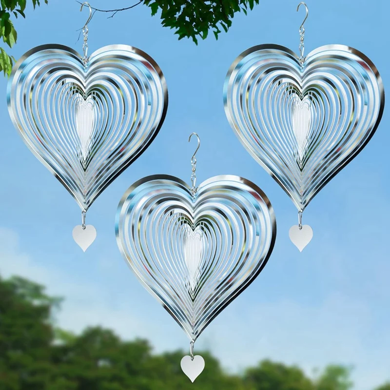 3D Heart-Shaped Wind Turner, Silver Heart-Shaped Wind Turner For Courtyards And Gardens, Hanging Wind Turner