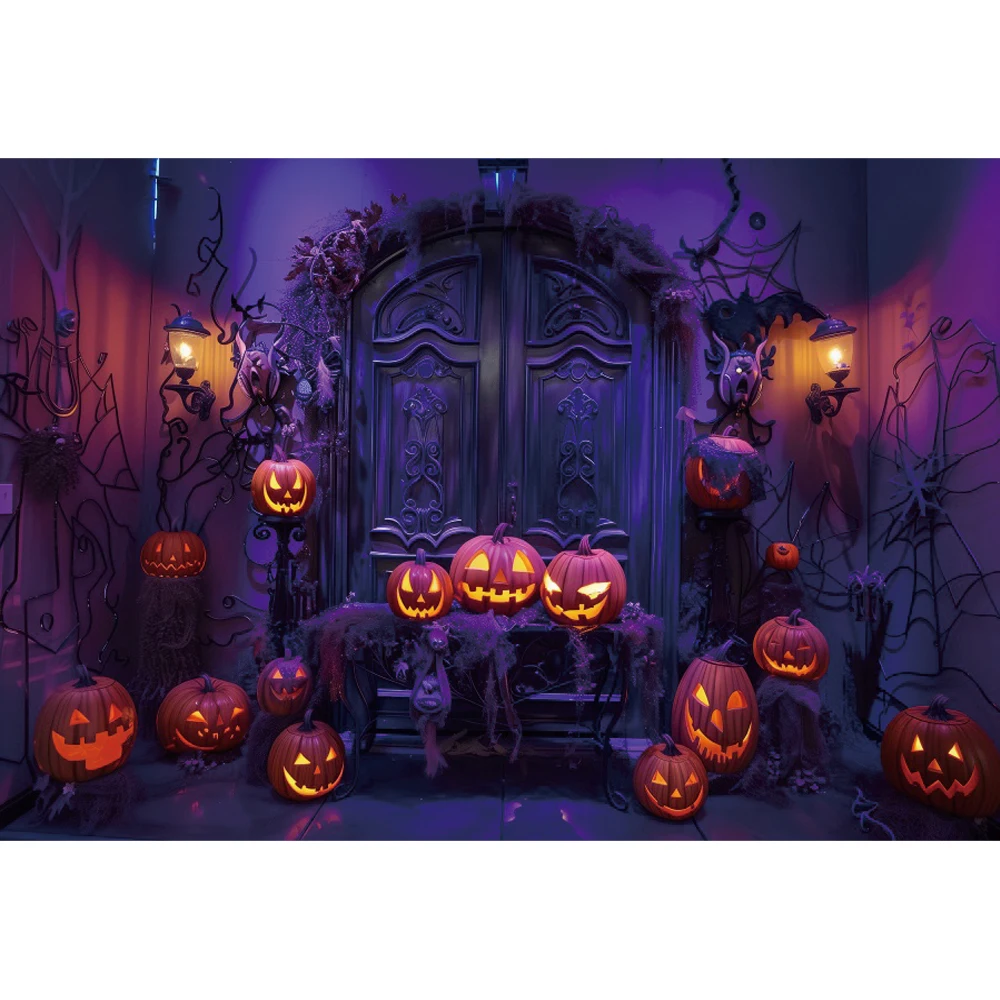 Halloween Party Backdrop Decor Pumpkin Lanterns Retro Castle Door Kids Portrait Photography Background Photostudio Photo Props