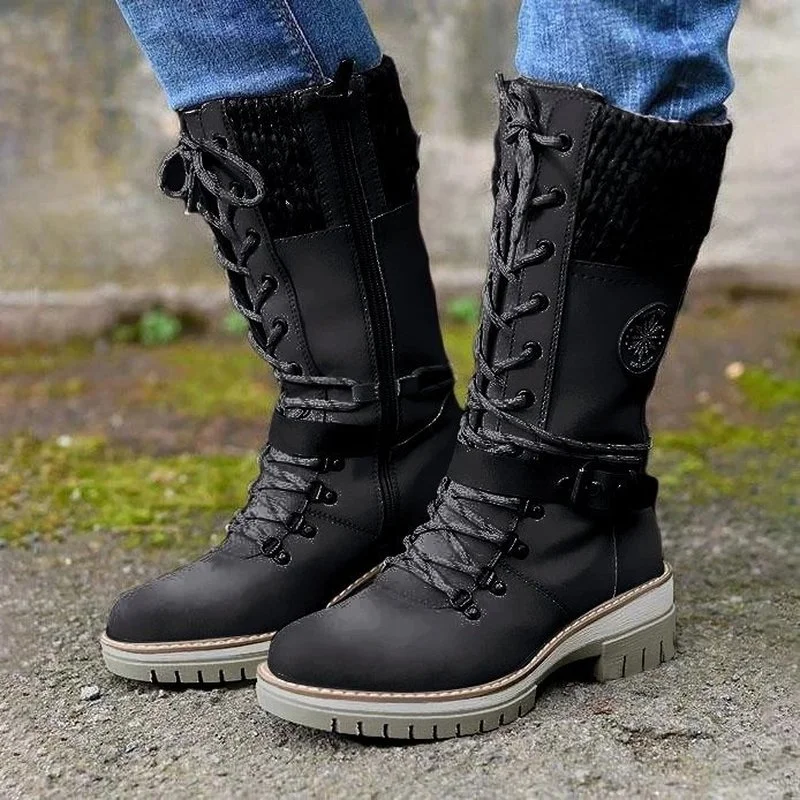 Damskie zimowe sznurowane sznurowane buty z dzianiny w poลowie rurki buty na niskim obcasie z okrฤ
gลym noskiem wysokiej jakoลci zimowe buty