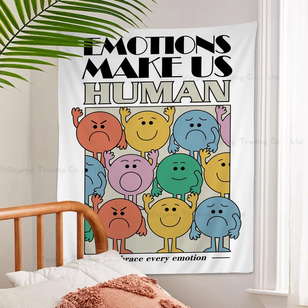 Cartoon Smile Inspirational Quote Print Emotions Human Colorful Tapestry Wall Hanging Tarot Hippie Wall Rugs Dorm Wall Art Decor