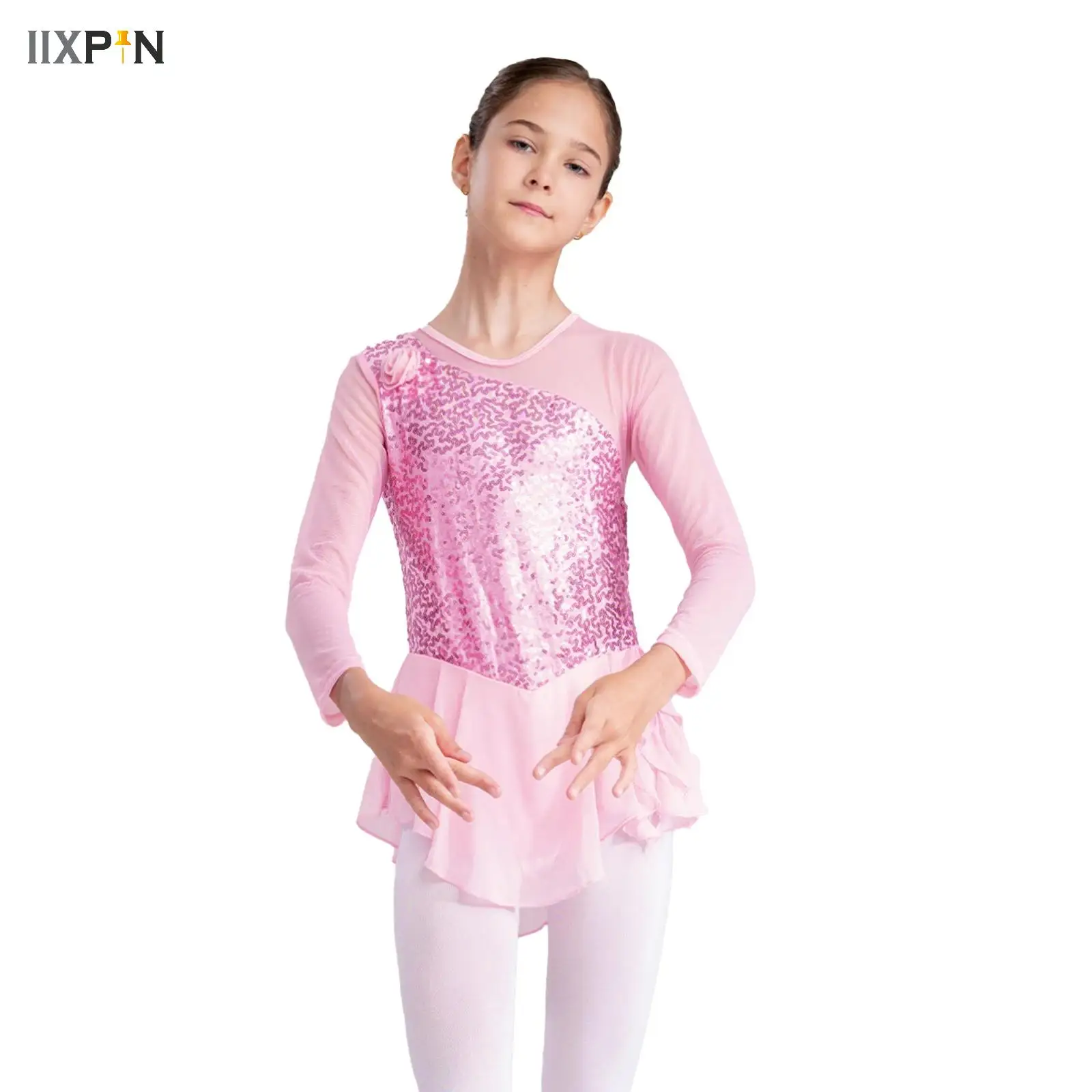 

Girls Sequins Ballet Dance Costume Gymnastics Leotard Children Long Sleeves Figure Skating Dress Lyrical Performance Dancewear