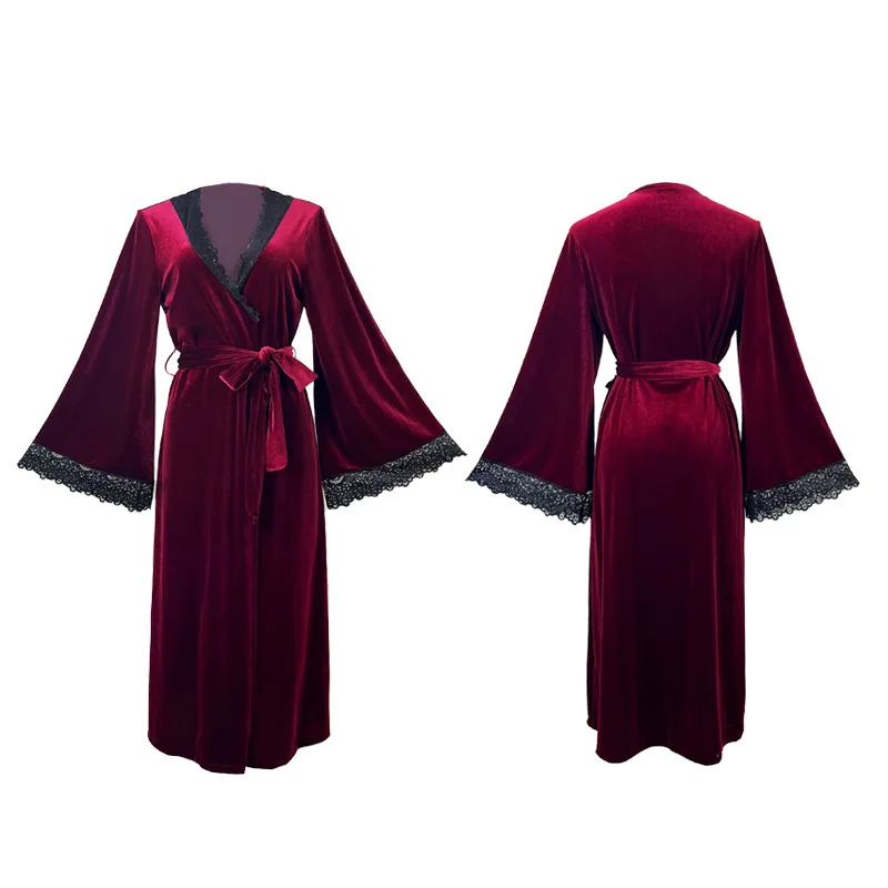 Sexy Burgundy Velvet Long Robe Kimono Bathrobe Gown Autumn Winter Women Sleepwear Lace Trim Nightgown Loose Homewear Lounge Wear