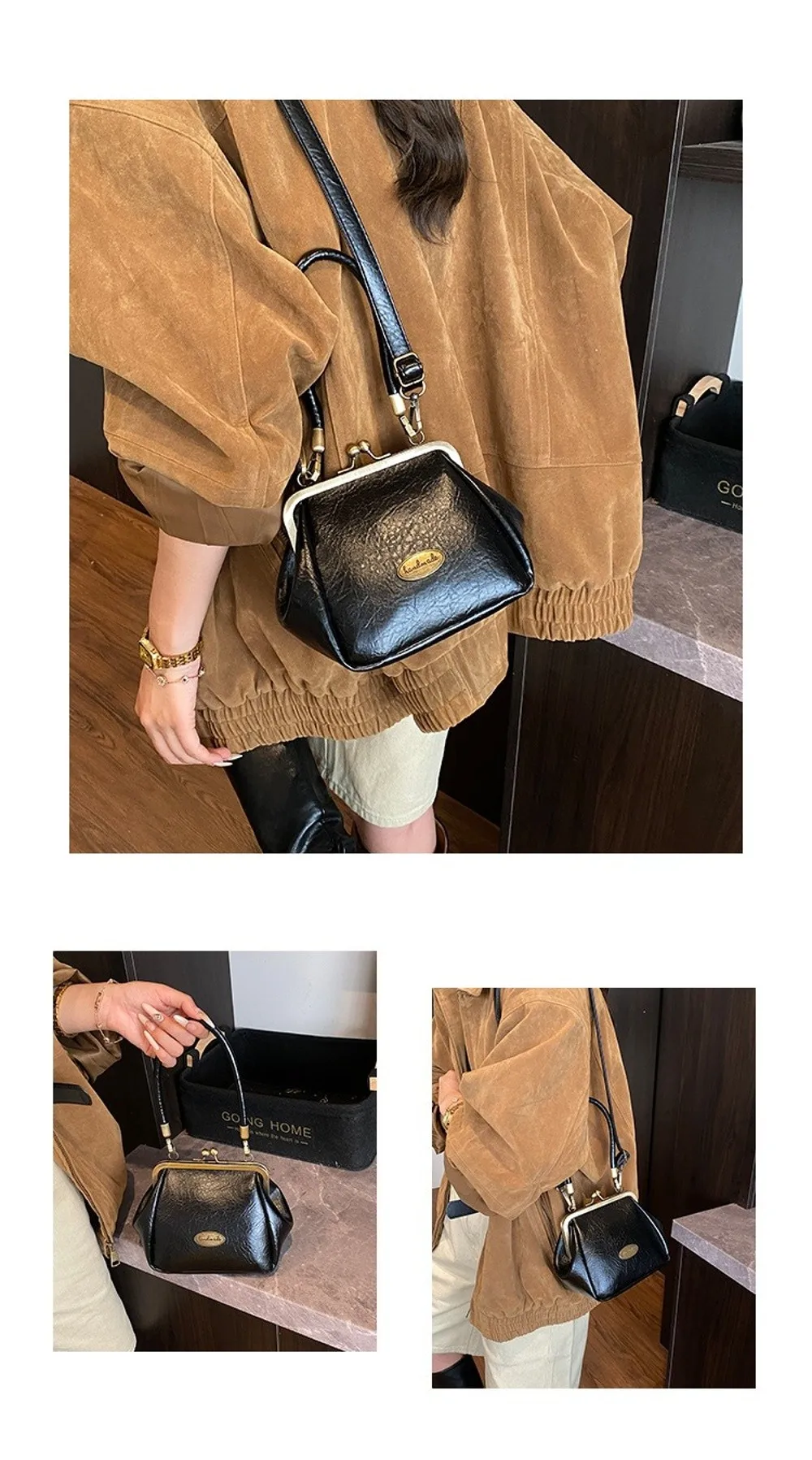 Retro Kiss Lock Umhängetasche aus PU-Leder, einfarbig, kleine Handtasche, großes Fassungsvermögen, Geldbörse mit Metallclip – Detail 4