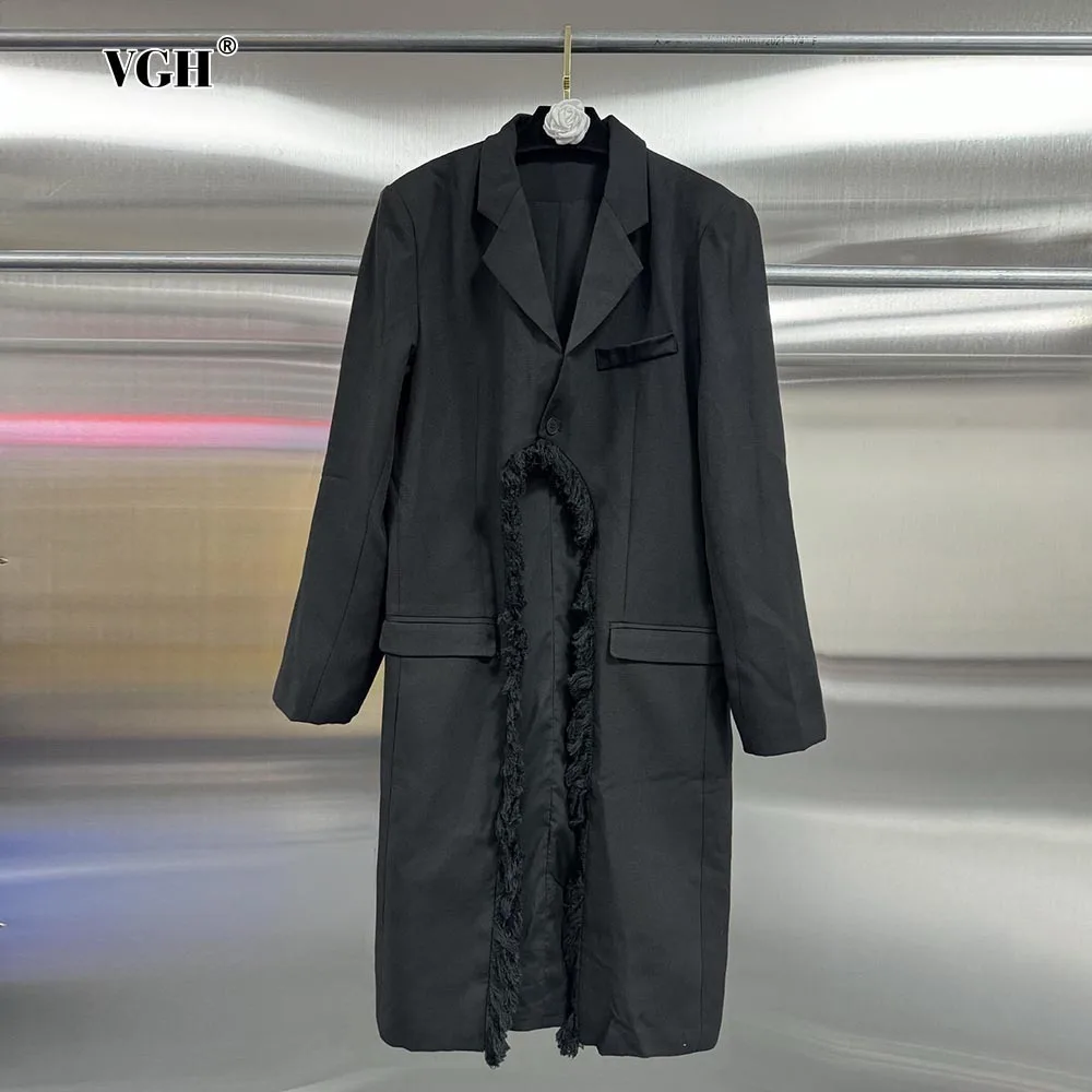 

VGH Solid Patchwork Button Casual Trench For Women Notched Collar Long Sleeve Patchwork Tassel Minimalist Coats Female Fashion