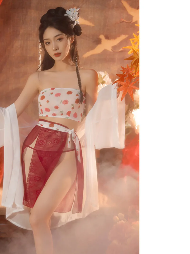 Women Sexy Belly Bag New Style Temptation Sheer Uniform China Chic Style Strapless Skirt Set Classic Style Backless Bold JP2X