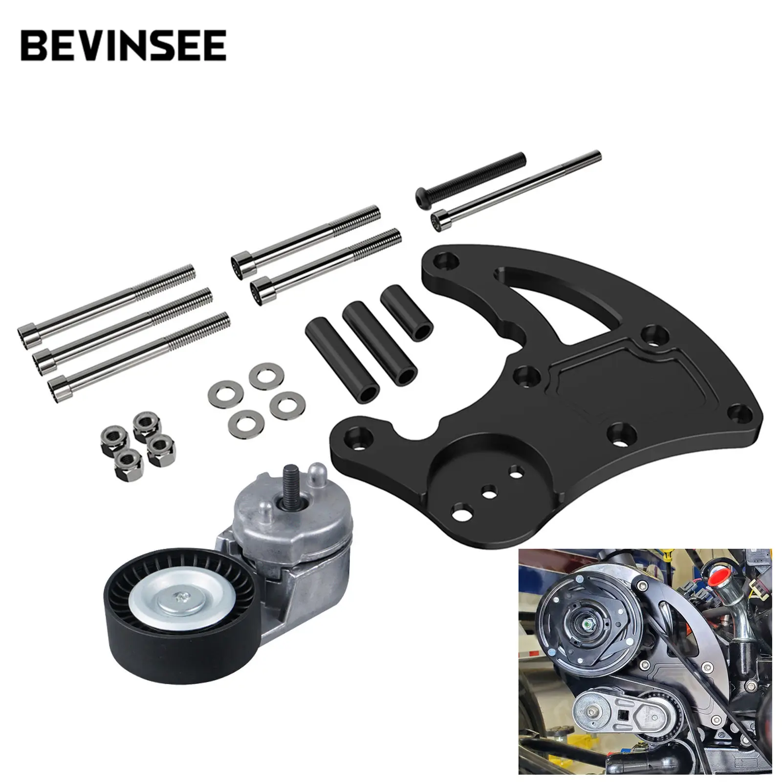 

BEVINSEE R4 A/C High Mount Bracket W/Tensioner Kit for Chevy for GMC LS SUV Truck VORTEC Engines LQ4 LQ9 L92 L99 L33 LR4 LSX