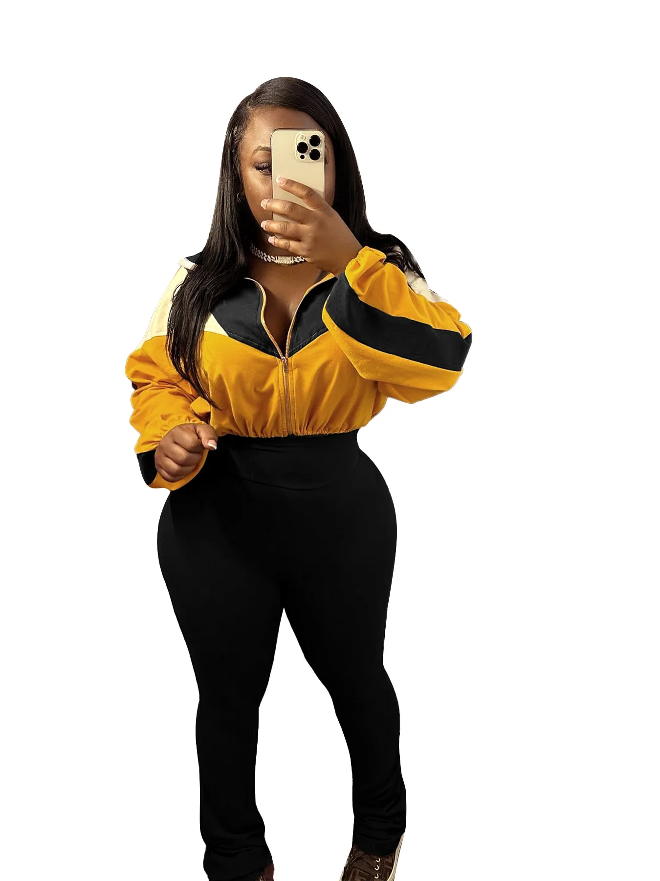 

Американские европейские модные женские повседневные модные комплекты из 2 предметов с цветным кодированием, топы на молнии, накладные брюки с высокой талией, женская одежда