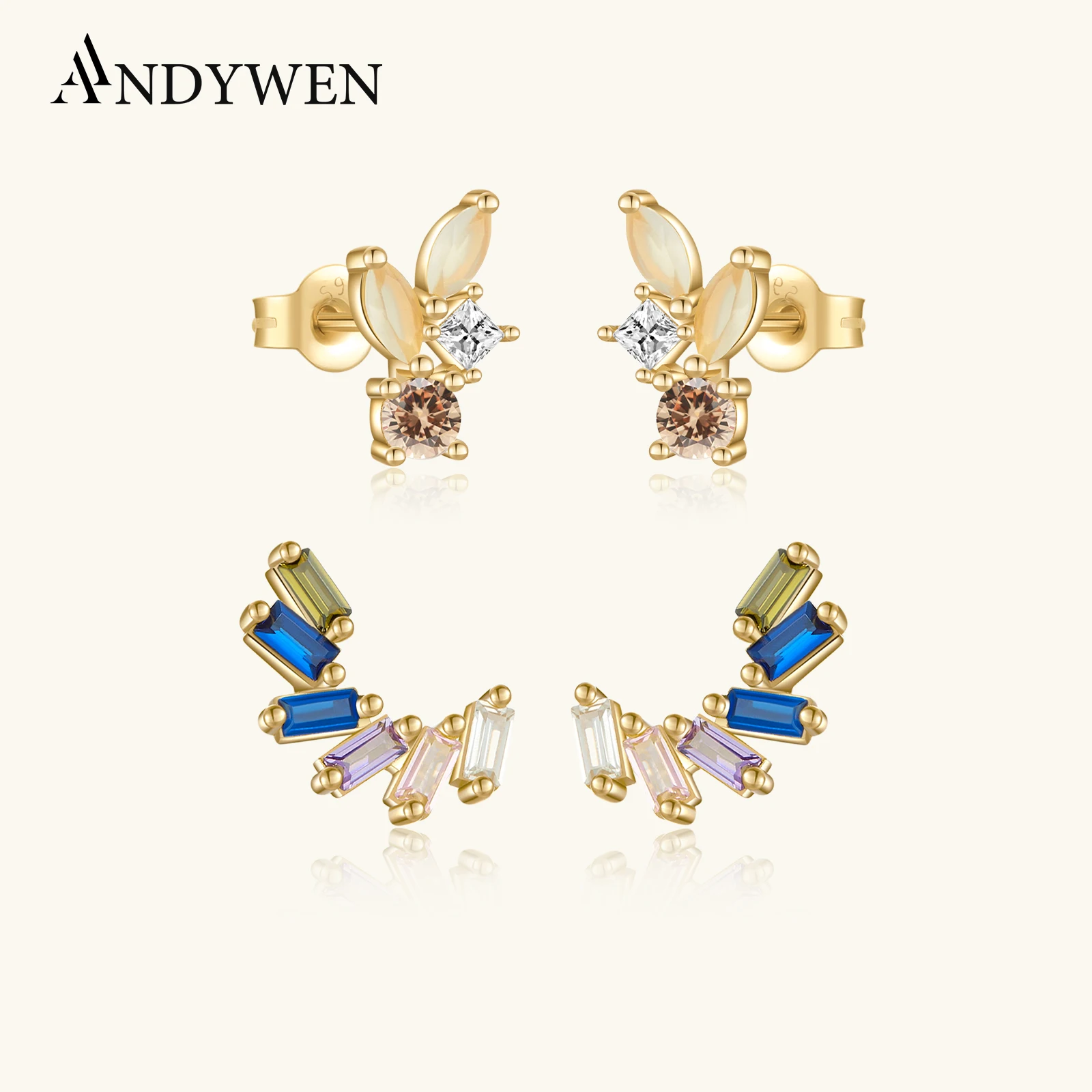 

ANDYWEN 925 Sterling Silver Gold Rainbow Zircon CZ Stud Earring Clips Piercing Pendientes New 2021 Women Long Fine Jewelry
