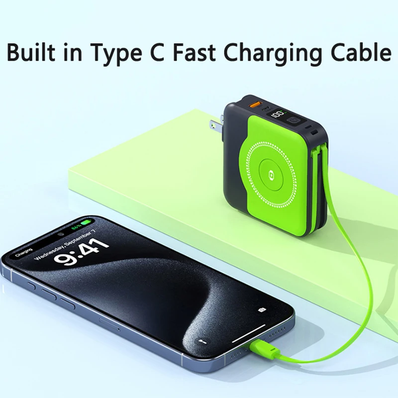 10000mAh Magnetic Wireless Power Bank with Cable Plug Wall Charger 22.5W Fast Charging for iPhone 15 14 iWatch Airpods Powerbank