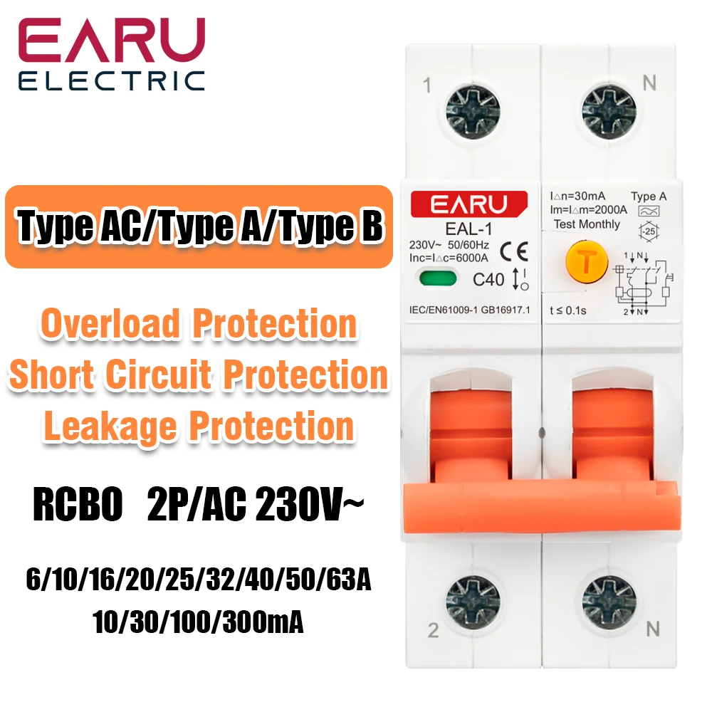 

2P RCBO RCCB Type A/AC/B Electronic Residual Current Circuit Breaker MCB 220V 40A 63A 50/60Hz 30mA Leakage Protection EV Charger
