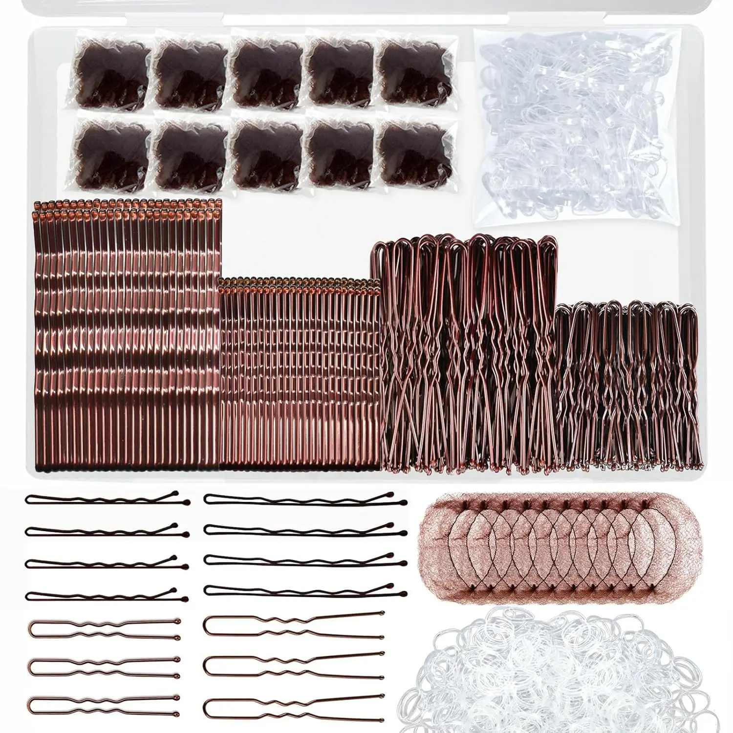

510PCS Brown Bobby Pins Hair Kit with Hair Net, Includes 100 Bobby Pins, 100 U-Shaped Clips, 300 Hair Bands, 10 Hair Nets