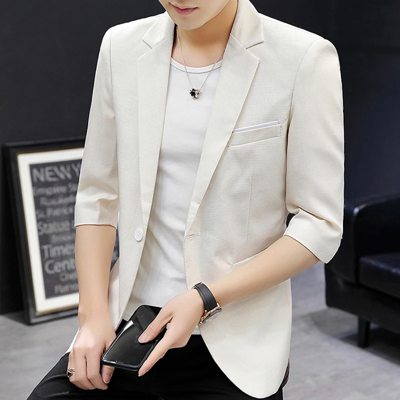 Half Sleeve Men Thin Casual Blazer 2024 Spring Summer Single Button Notched Lapel Mens Suit Jacket Beige / Gray