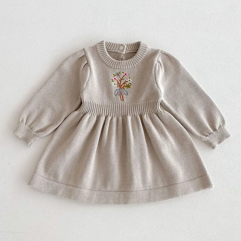 2024 New Autumn Kids Princess Dresses Children Knitting Clothes Baby Girl Party Dress Long Sleeved Knitted Embroidery Dress