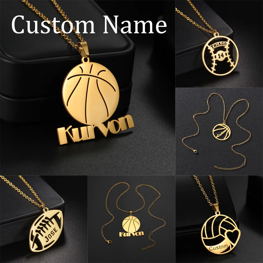 

Personalized Custom Name Sport Necklaces Football Stainless Steel Pendants Necklaces Basketball For Men Fans Match Jewelry Gifts