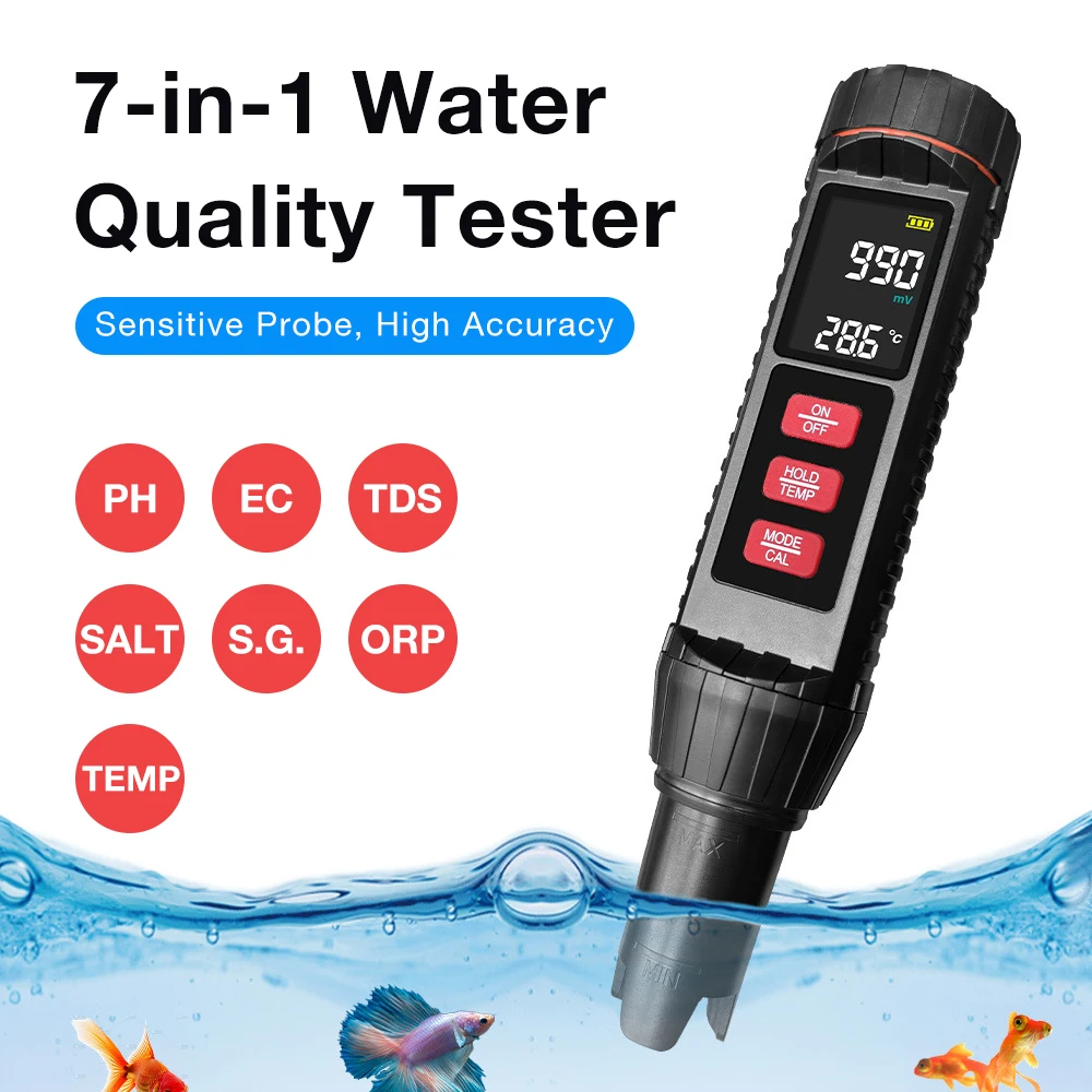    Medidor de calidad del agua 7 en 1 con retroiluminación para acuario, piscina, hidroponía y agua potable: PH, TDS, EC, ORP, salinidad, densidad y temperatura.