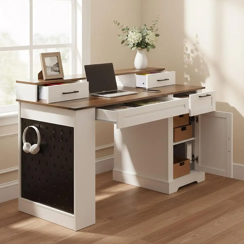 

Compact Desk with Storage, Dual-Tone, 4 Drawers and Cabinet, USB-C Charging, Ideal for Study or Kids' Room