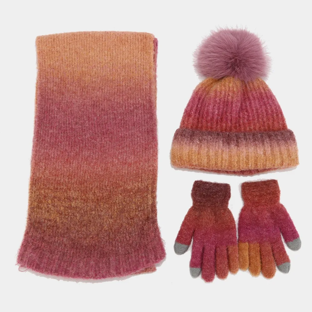 Conjunto de 3 peças de lã tie-dye com pompom, chapéu de malha, cachecol, luvas