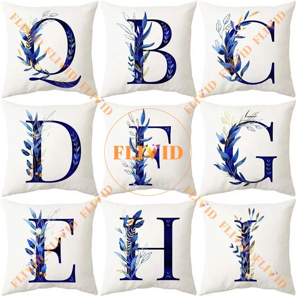 Blue Alphabet Flower Leaf Letter Print Pillow for Home Decor, Cushion Decoration for Sofa, Square Throw Pillows with inner
