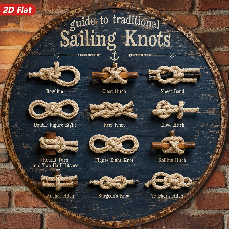 Nautical Knot Guide Round Aluminum Wall Art, Waterproof Weatherproof Metal Sign for Studio Study Indoor Outdoor Home Decor