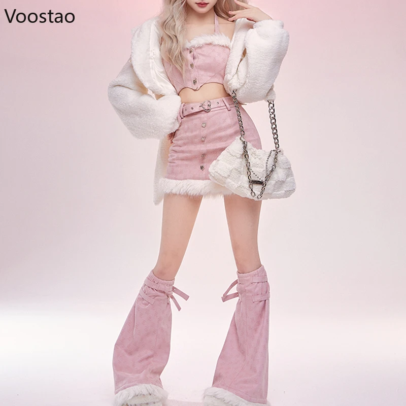 Japanese Pink Kawaii Lolita 4 Pieces Set Women Bunny Ears Hooded Jacket Sweet Mini Skirt Suit Female Korean Party Casual Y2k Set