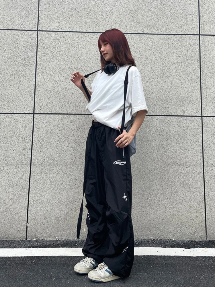 Deeptown Parachute Pants Women Black Vintage Harajuku Oversized Wide Leg Joggers Hippie Street Baggy Sweatpants Casual Trousers