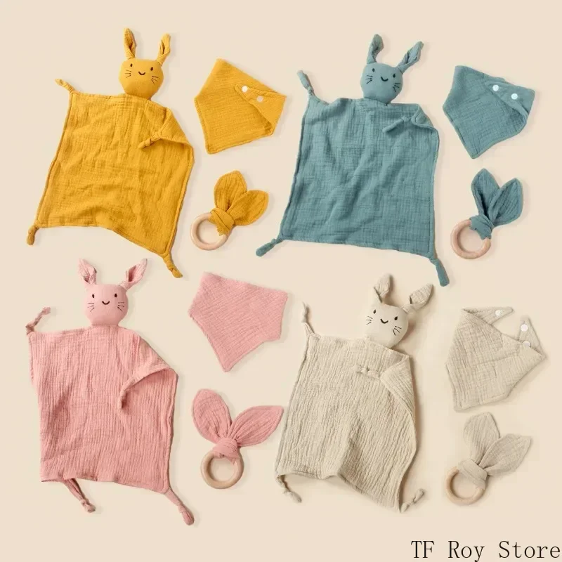 Ensemble de serviettes de couette pour bébé, Double couche en mousseline, poupée de couchage pour nouveau-né, bavoir Triangle, oreilles de lapin, anneau de dentition en bois, 3 pièces/ensemble