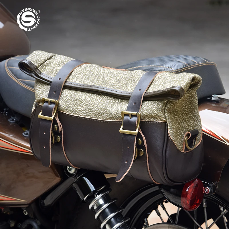 

SFK Cowhide Motorcycle Rear Seat Bag Multifunctional Backpack Satchel Large Capacity Front Bag Waterproof Canvas Saddle Bag