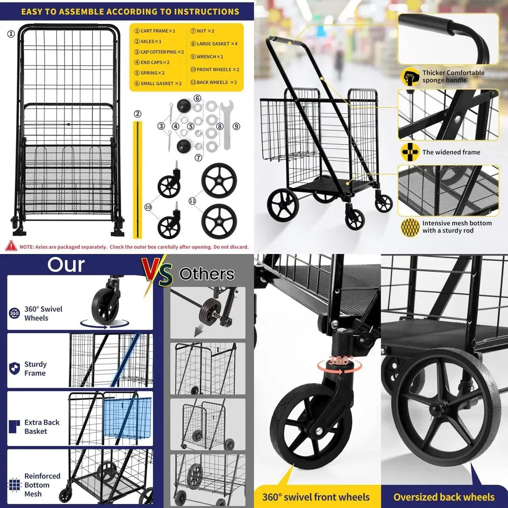 

Large Waterproof Folding Shopping Cart with 400lb Capacity, Top Cover, and 360° Swivel Wheels