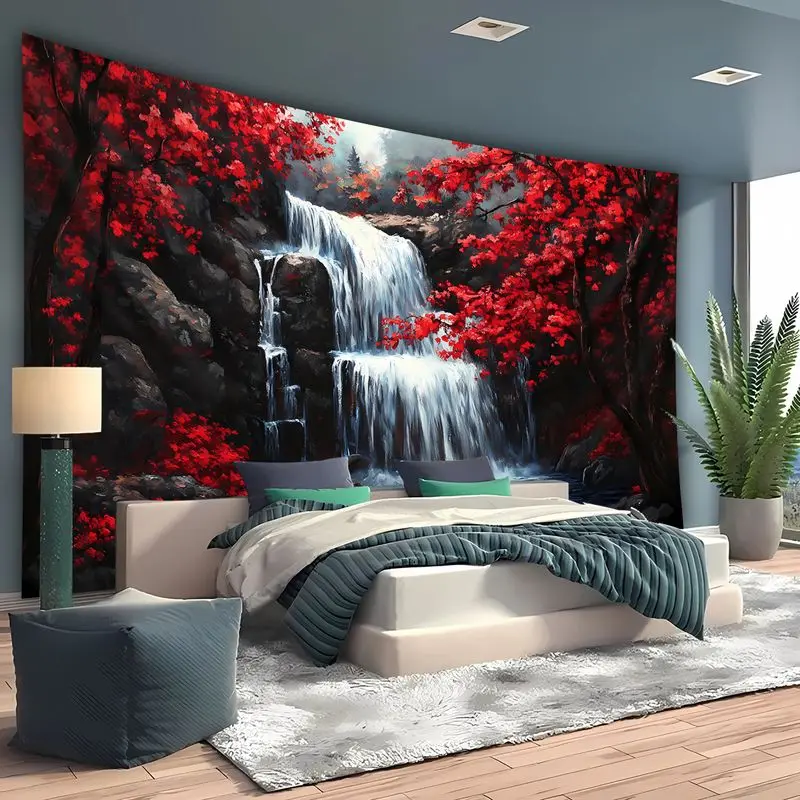 VIKAMA Nature Waterfall Wall Hanging Red Maple Scenery Art For Dorm Living Room Zen Aesthetic Background Home Decor