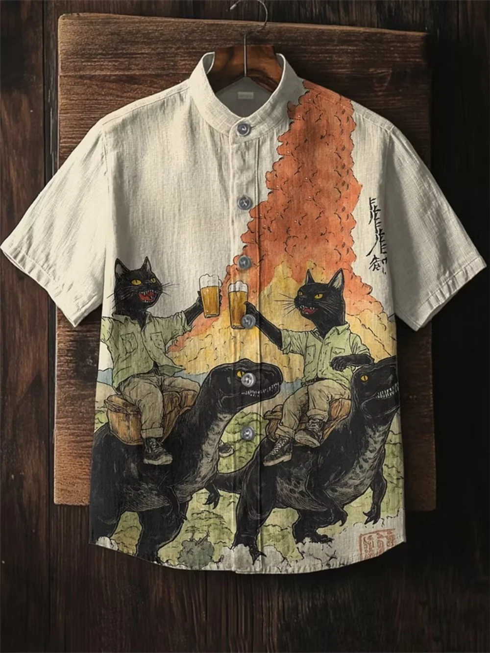 Retro printed men's shirt with black cat riding dinosaur volcano beer pattern stand up collar short sleeved beach casual shirt