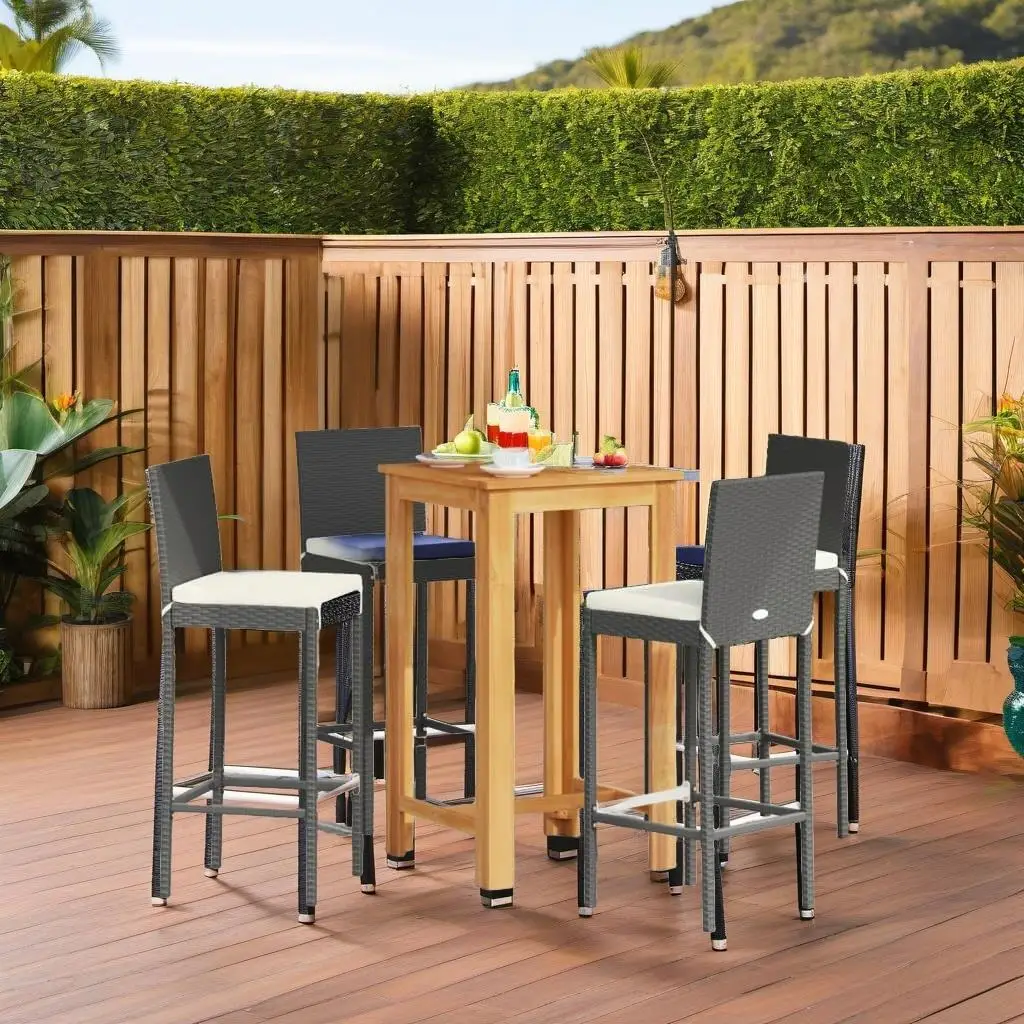 5-Piece Black Patio Bar Set - Solid Acacia Wood & Durable Poly Rattan Furniture