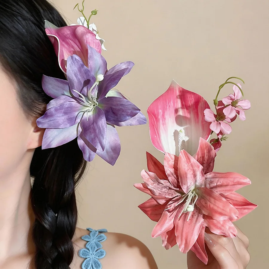 Bohemian Artificial Flower Hair Clips Women Large Romantic Calla Lily Floral Hair Barrettes Accessories Holiday Party M