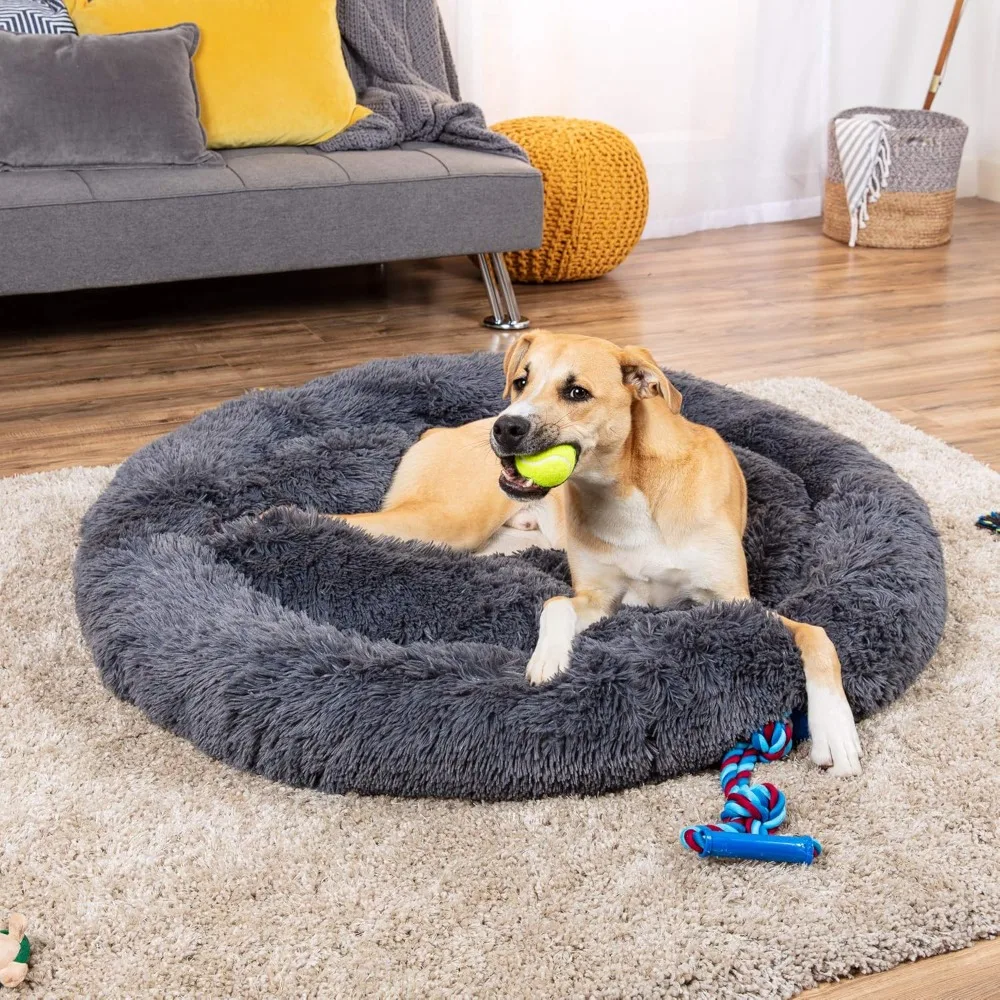 

45in Dog Bed Self-Warming Plush Shag Fur Donut Calming Pet Bed Cuddler w/Water-Resista