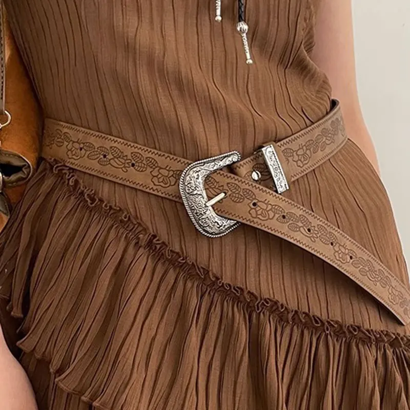 Luxury Fashion Women Retro Pin Buckle Belt Carved Leather Waist Belt Western Design Belts For Jeans Dress  All-Match Waistband