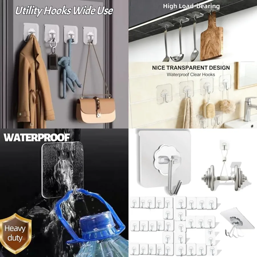 

36 Pack Heavy Duty Hooks Self Adhesive Large Hooks for Hanging, Wall Reusable Waterproof Hook for Kitchen Curtain Towel Hook fo