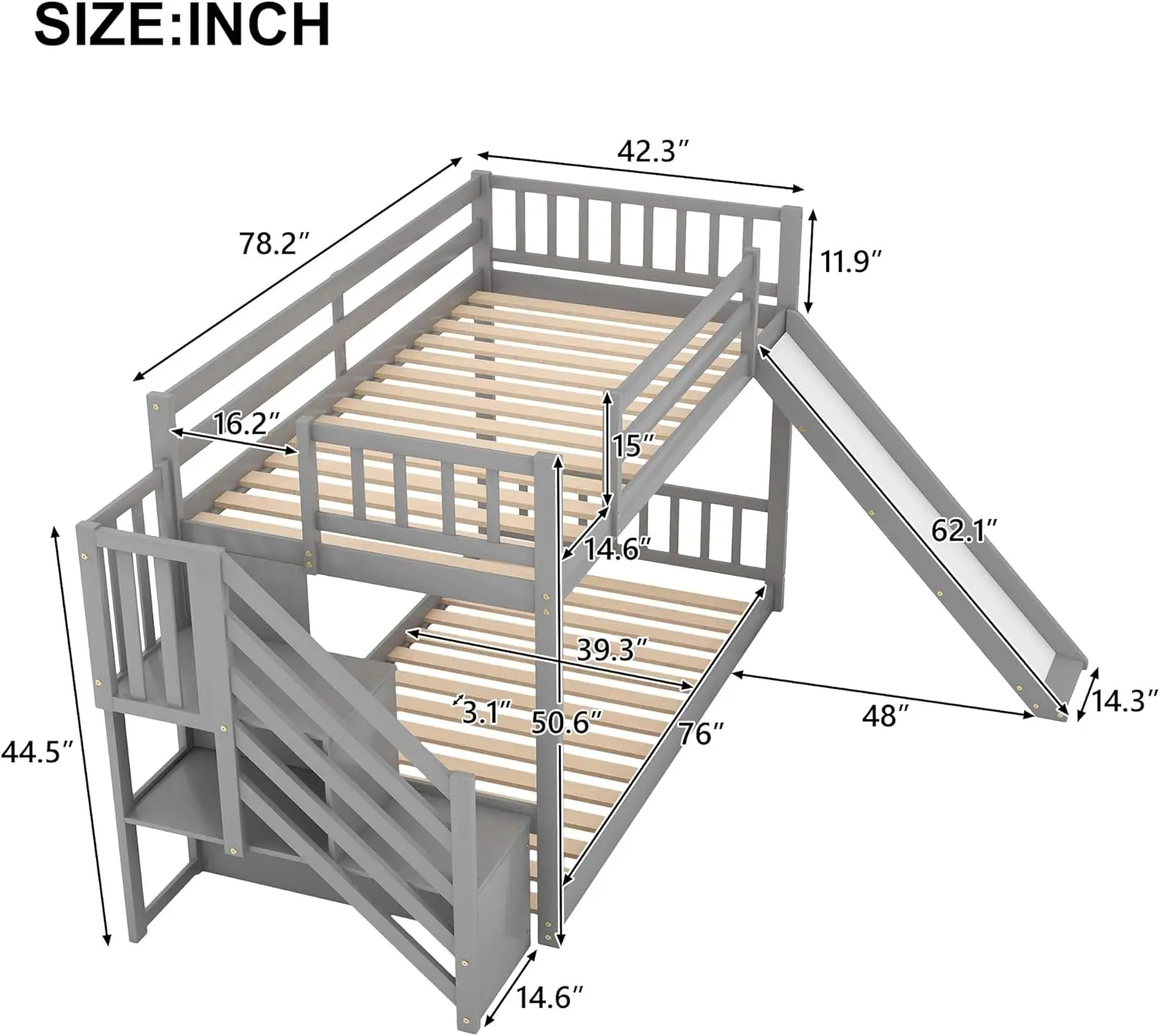 Literas gemelas con tobogán para niños, literas de perfil bajo con escalera, No necesita resorte de caja