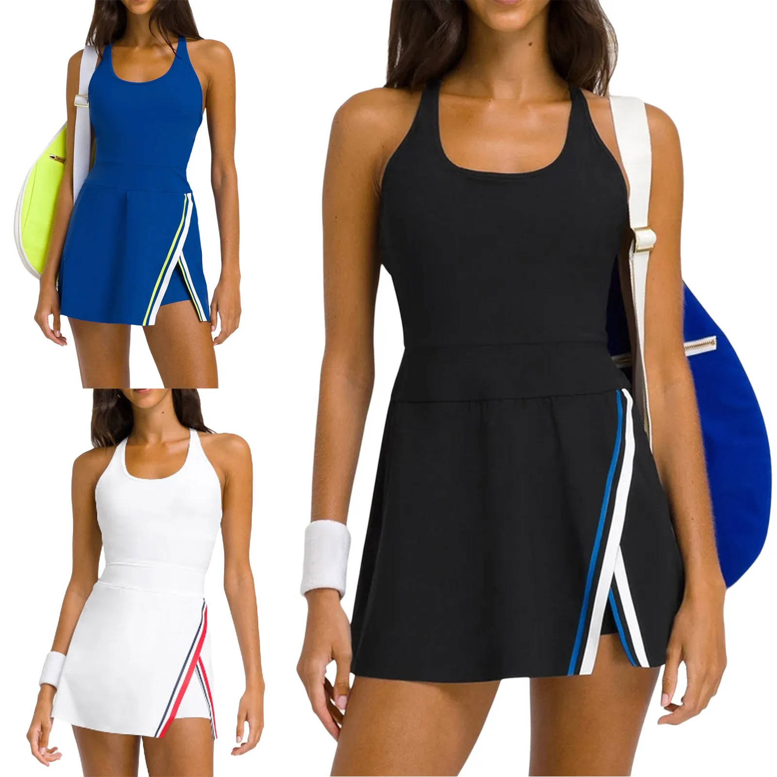 #XS-XL Women Quick-Drying Golf Dress U Neck Sleeveless Removable Chest Pads I-back Dress with Elastic Waistband Shorts