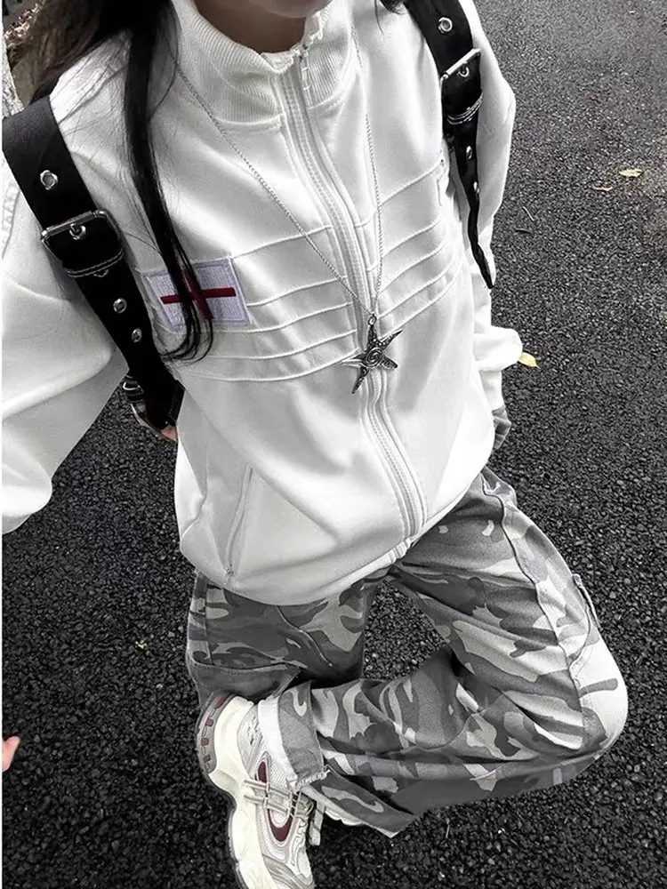 White Zipper Baseball Sweatshirt Women's Spring Autumn Street Style Lazy Couple Outfit Coat Lapel Badge Design Loose Fit