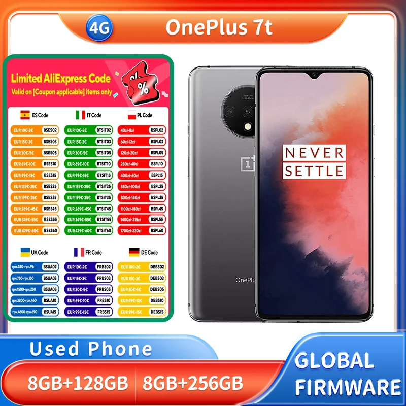 هاتف Oneplus 7T 4G الذكي بدقة 6.55 بوصة 2400 × 1080 بكسل ثنائي الشريحة (شريحة نانو) هاتف مستعمل بنظام Android USB Type-C