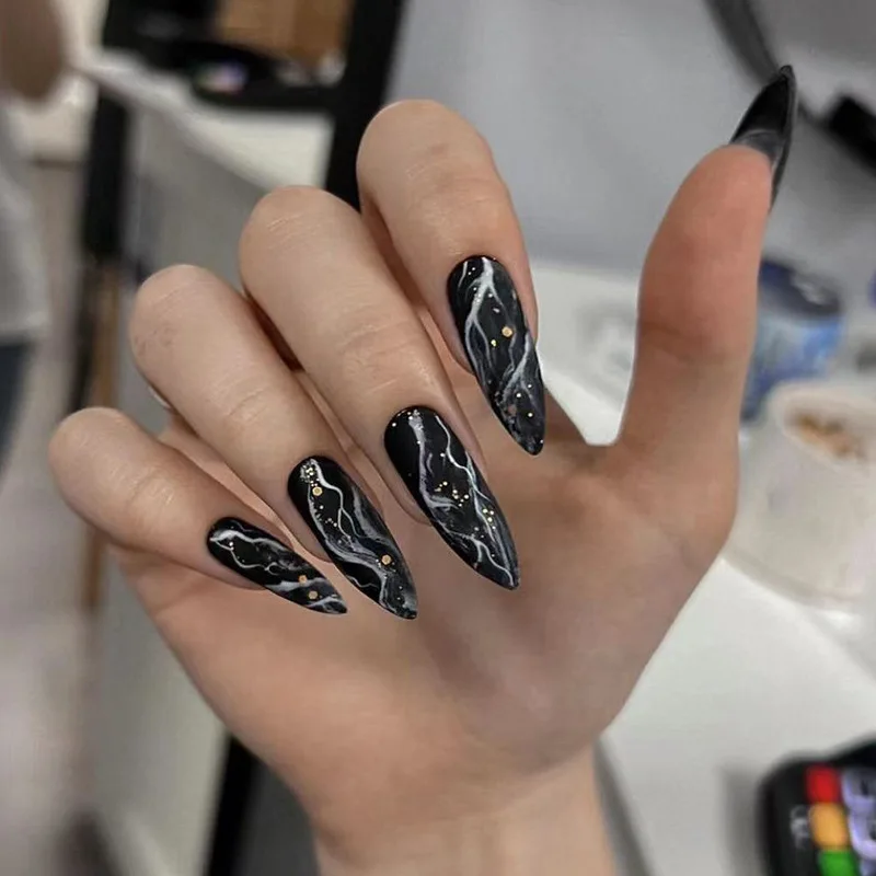 24Pcs Shiny Powder Design Press on Nails Sets Ins Patches Long Stiletto False Nails Black Almond Smudge Marble Pattern Fake Nail