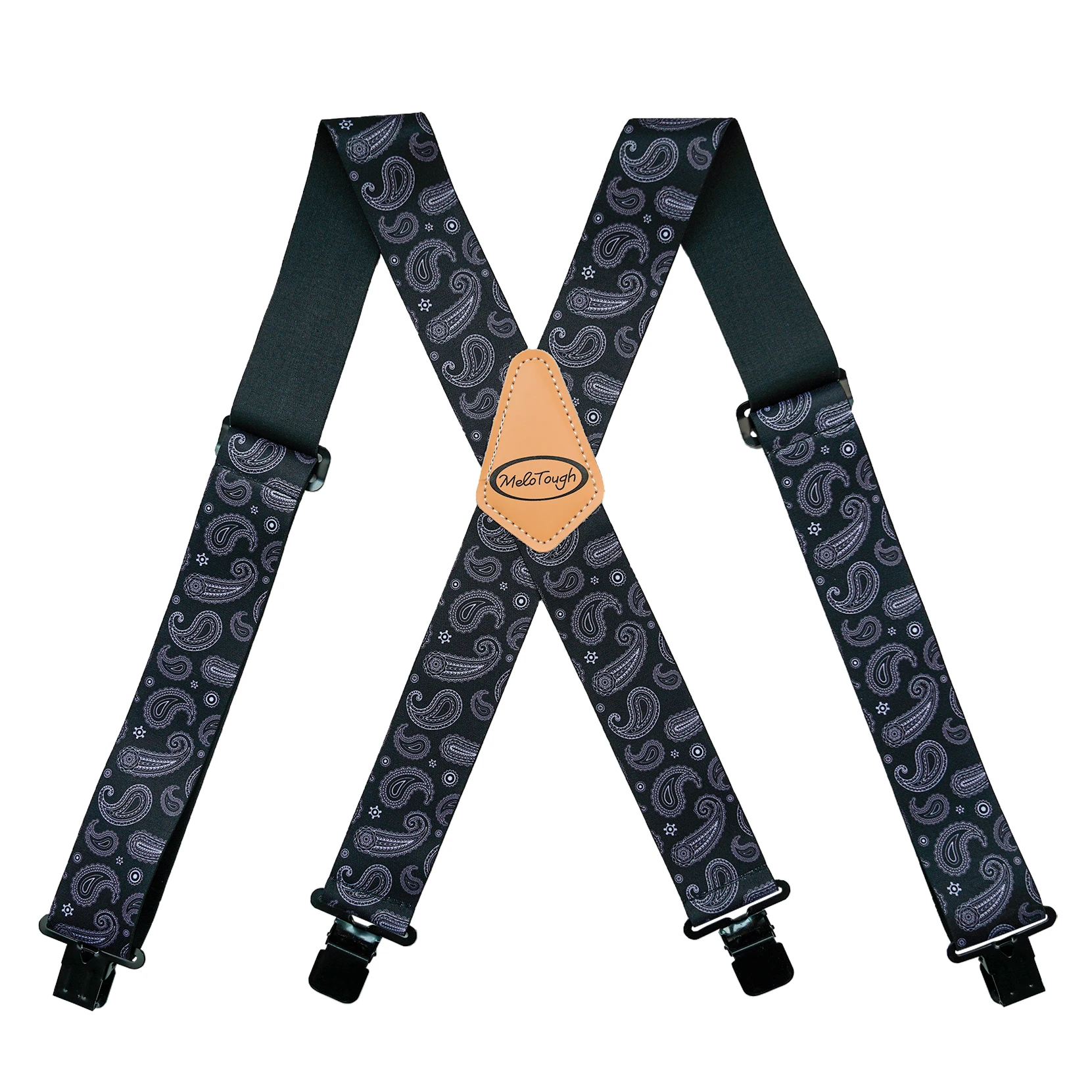 MELOTOUGH Men's Suspenders Fully Elastic 2 Inch Wide X Back with Heavy Duty Metal Clips Work Suspenders Black Paisley