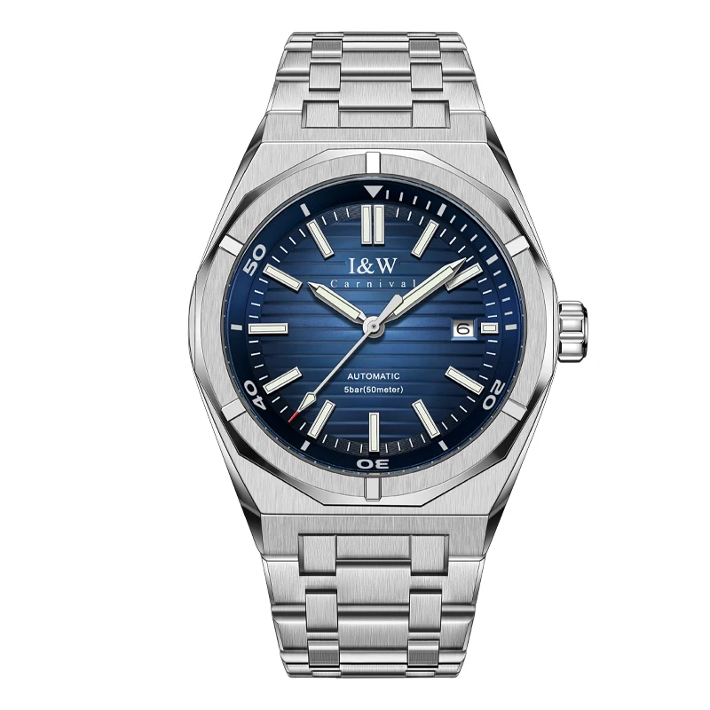I&W Blue Mechanical Wristwatches Original MIYOTA Movement Automatic Watches Luxury Men Sapphire Calendar Luminous Montres hommes