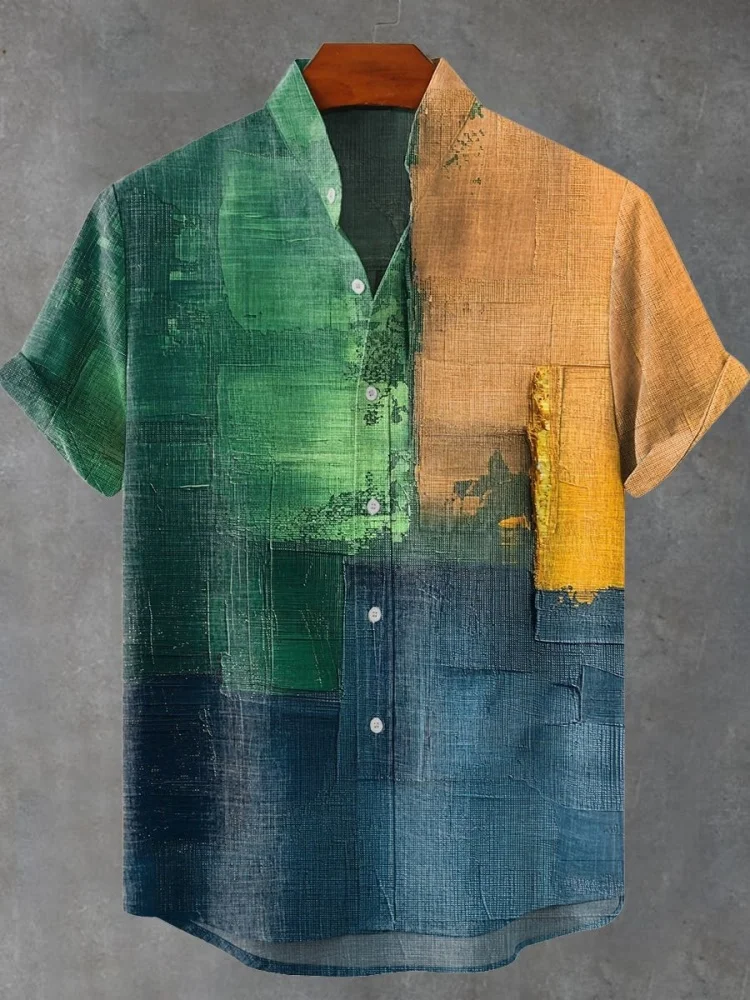

Men's Comfortable Short Sleeve Shirt Fashion Symmetric Pattern Printed Top Vintage Color Block Single Breast Summer Commute Tops