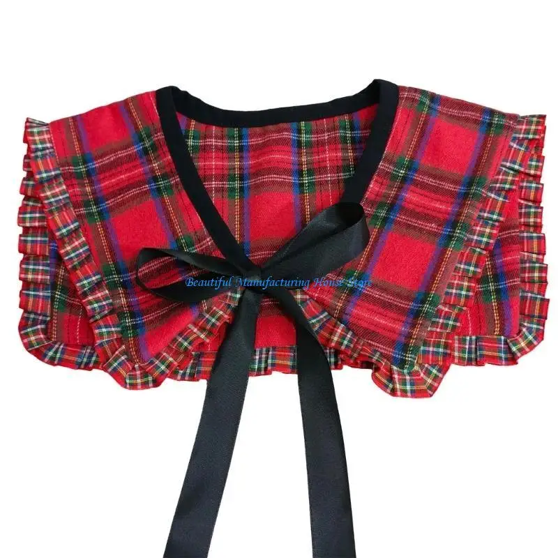e56a-detachable-bows-tie-false-collar-shawl-wrap-for-women-girl-vintage-checkered-plaids-necklace-sweet-ruffled-trim-capelet