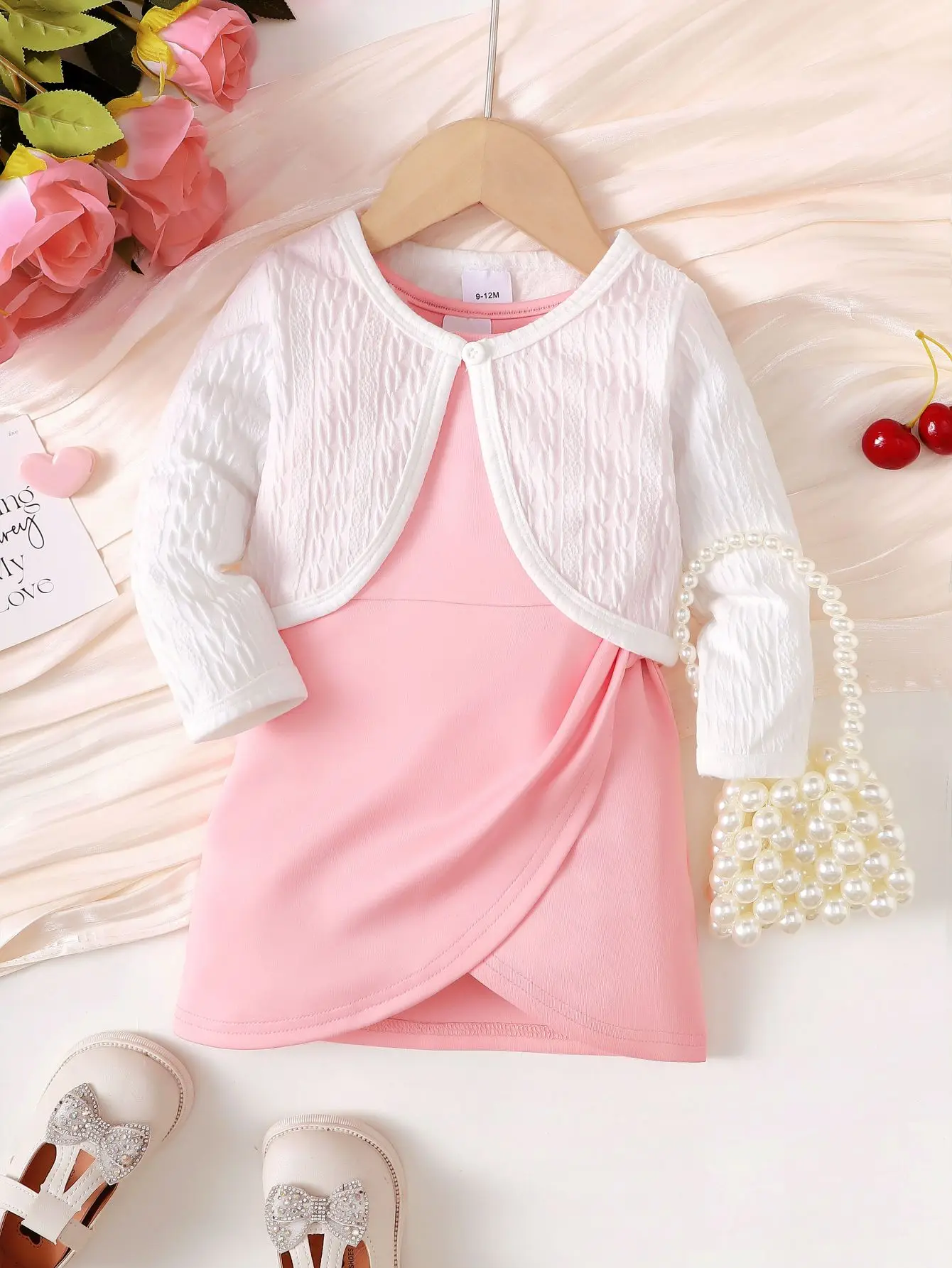 

Baby Girls Dress Sets Solid Color Sleeveless Slit Dress Knitted Cardigan 2Pcs Clothing From 6M-3Y White