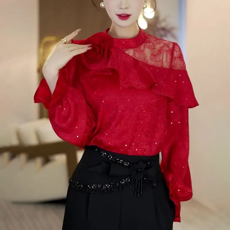 2025 spring new French red three-dimensional flower ruffle shirt women's lace hollow splicing sequined shirt
