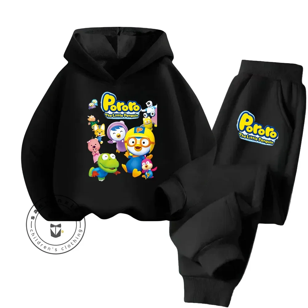 2024 Pororo Children's Cartoon Spring and Fall Boys and Girls Daily Fashion Sports Set Long Sleeve Trousers Kawaii Hoodie Set